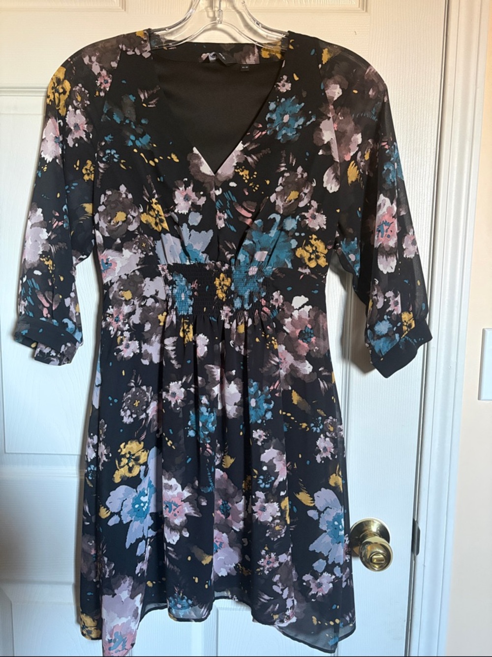 Reitmans Black Floral V-Neck Long Sleeve Dress with Teal and Mustard Accents